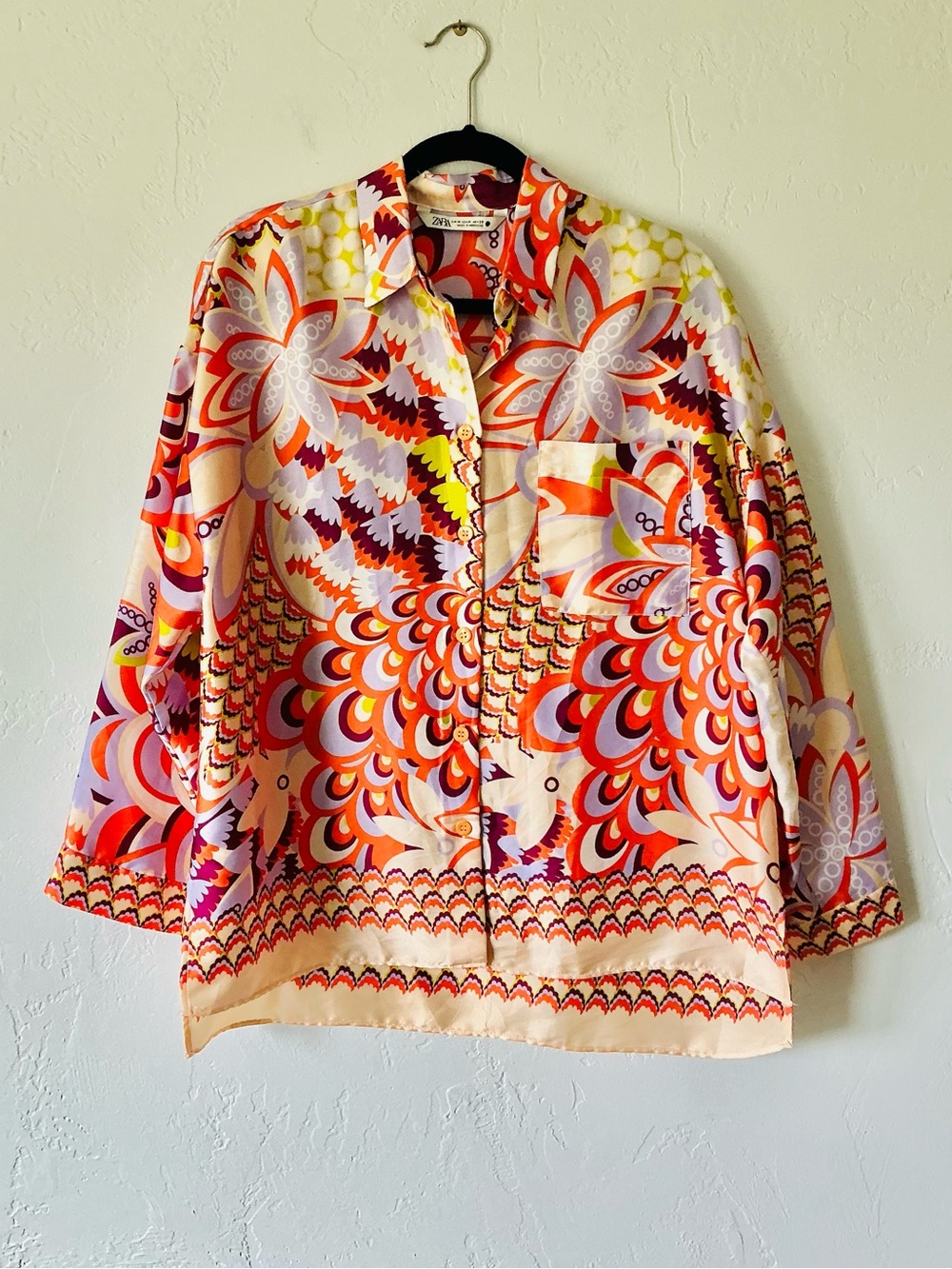 Zara Vibrant Silky Floral-Print Button Down Shirt Med-Lrg